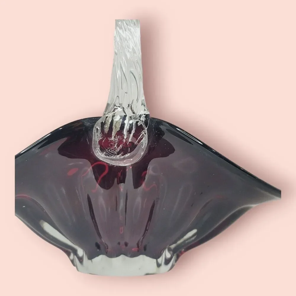 Ruby Red Hand Blown Art Glass Basket Applied‎ Handle Clear Ground Base